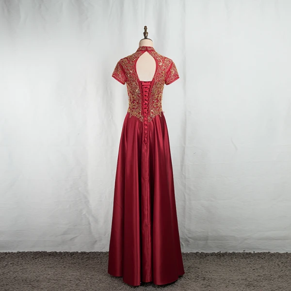 Vintage / Originale Style Chinois Doré En Dentelle Bordeaux Robe De Soirée 2020 Princesse Col Haut Perlage Paillettes Manches Courtes Dos Nu Longue Robe De Ceremonie
