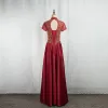 Vintage / Retro Chinese style Gold Lace Burgundy Evening Dresses  2020 A-Line / Princess High Neck Beading Sequins Short Sleeve Backless Floor-Length / Long Formal Dresses