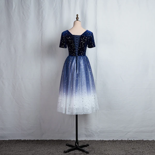 Fashion Navy Blue Homecoming Graduation Dresses 2020 A-Line / Princess V-Neck Star Sequins Short Sleeve Backless Knee-Length Formal Dresses