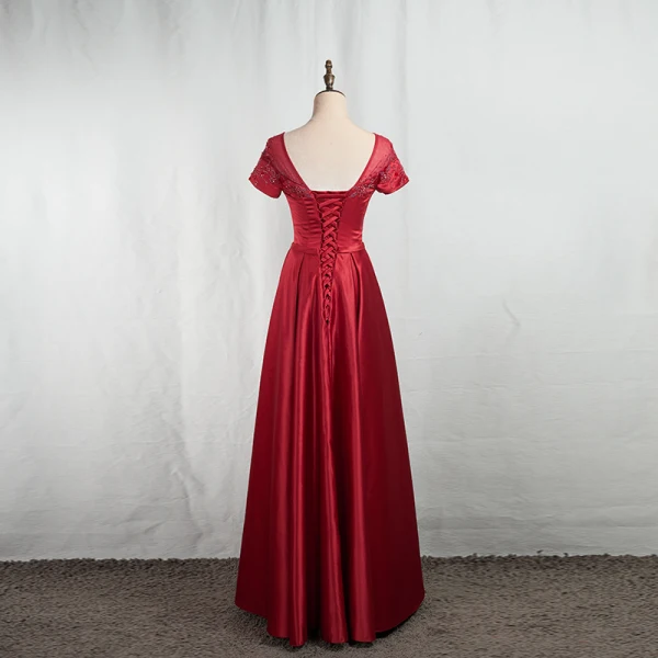 Elegant Burgundy Prom Dresses 2020 A-Line / Princess Scoop Neck Beading Crystal Short Sleeve Backless Floor-Length / Long Formal Dresses