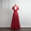 Kinesisk Stil Burgundy Aftonklänningar 2020 Prinsessa Hög Hals Beading Rhinestone Spets Blomma Korta ärm Halterneck Långa Formella Klänningar