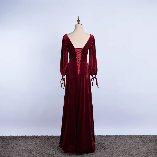 Elegant Burgundy Prom Dresses 2020 A-Line / Princess Suede V-Neck Long Sleeve Backless Floor-Length / Long Formal Dresses