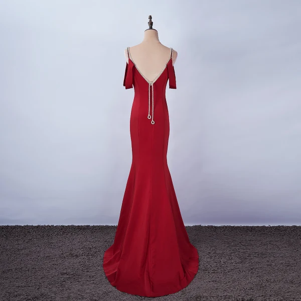 Simple Bordeaux Robe De Soirée 2020 Trompette / Sirène Faux Diamant Bretelles Spaghetti Sans Manches Dos Nu Train De Balayage Robe De Ceremonie