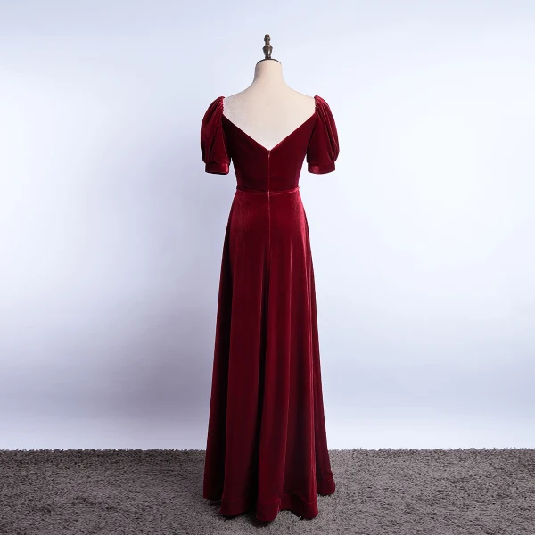 Simple Bordeaux Daim Robe De Soirée 2020 Princesse Encolure Carrée Manches Courtes Dos Nu Longue Robe De Ceremonie