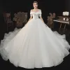 Modest / Simple Elegant Ivory Wedding Dresses 2021 A-Line / Princess Off-The-Shoulder Short Sleeve Backless Royal Train Wedding