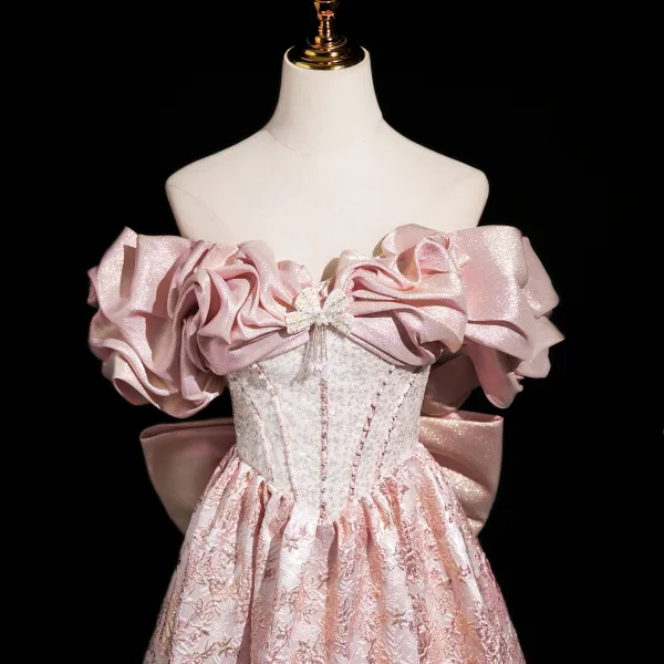 Lovely Blushing Pink Beading Pearl Sequins Printing Prom Dresses 2025 A-Line / Princess Off-The-Shoulder Short Sleeve Backless Bow Floor-Length / Long Prom Formal Dresses
