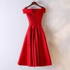 Chic / Beautiful Red Formal Dresses Evening Dresses  2017 Lace Flower Square Neckline Shoulders Sleeveless Short A-Line / Princess