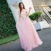 Schöne Pink Ballkleider 2018 A Linie Applikationen Perle Off Shoulder Rückenfreies Ärmellos Lange Festliche Kleider