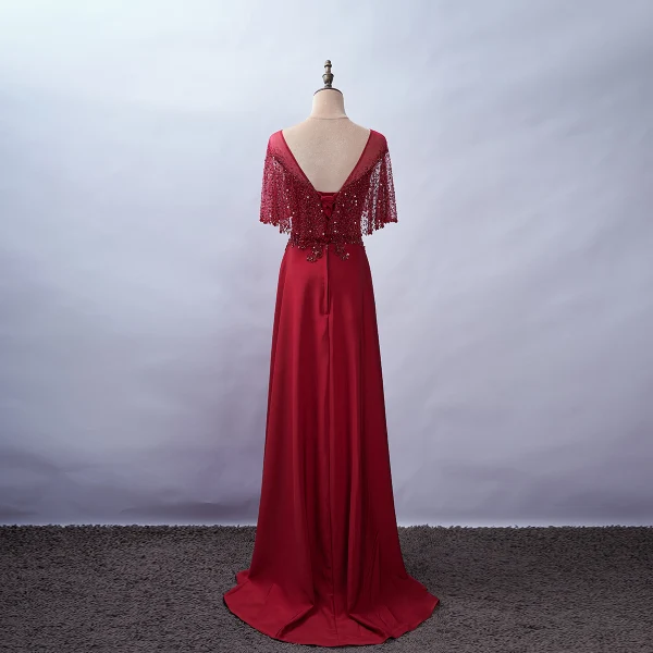 Élégant Bordeaux Robe De Soirée 2020 Princesse Encolure Dégagée Perlage Faux Diamant Paillettes En Dentelle Fleur Manches Courtes Dos Nu Train De Balayage Robe De Ceremonie