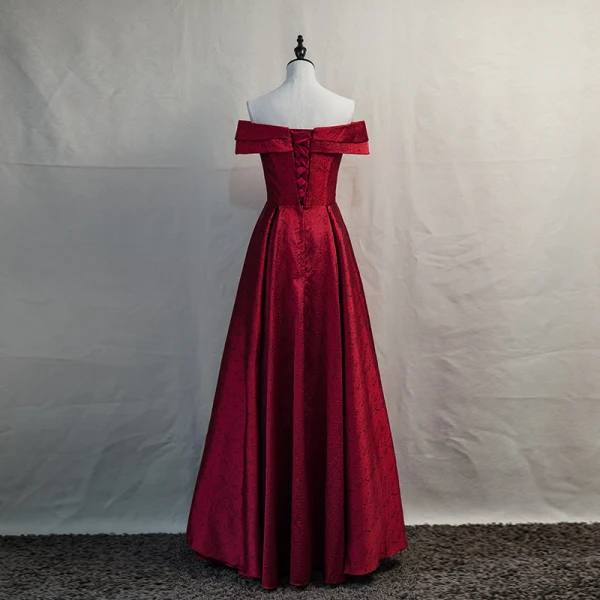 Elegant Burgundy Evening Dresses 2020 A-Line / Princess Off-The-Shoulder Short Sleeve Backless Floor-Length / Long Formal Dresses