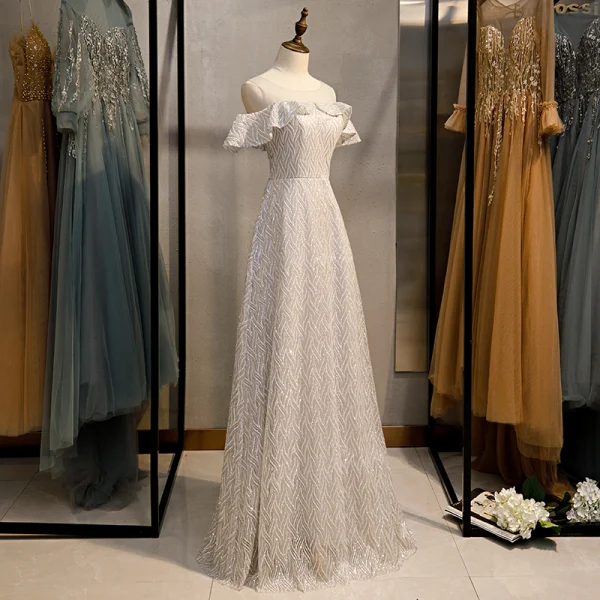 Sparkly Silver Grey Glitter Evening Dresses 2020 A-Line / Princess Scoop Neck Sequins Short Sleeve Floor-Length / Long Formal Dresses