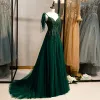 Classy Dark Green Evening Dresses  2020 A-Line / Princess Sleeveless Beading Lace Sequins Spaghetti Straps Backless Sweep Train Formal Dresses