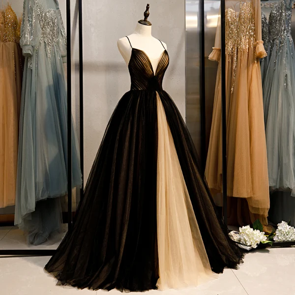 Modest / Simple Black Prom Dresses 2020 Ball Gown Spaghetti Straps Sleeveless Backless Floor-Length / Long Formal Dresses