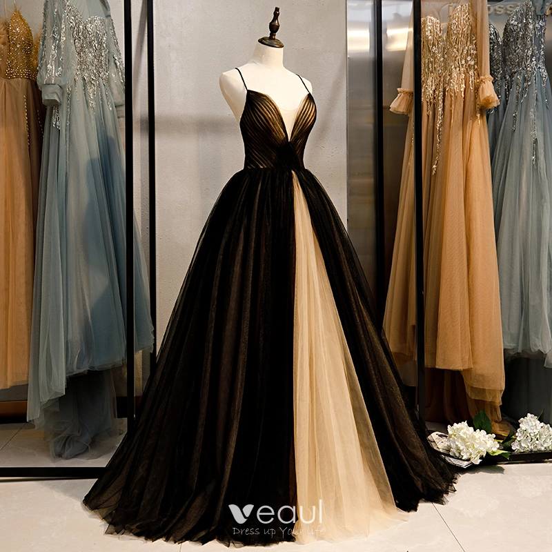 Modest / Simple Black Prom Dresses 2020 Ball Gown Spaghetti Straps Sleeveless Backless Floor-Length / Long Formal Dresses Modest / Simple Black Prom Dresses 2020 Ball Gown Spaghetti Straps Sleeveless Backless Floor-Length / Long Formal Dresses