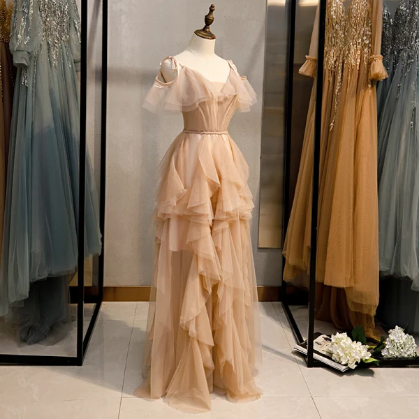 Mode Champagne Robe De Soirée 2020 Princesse Bretelles Spaghetti Sans Manches Dos Nu Volants en Cascade Longue Robe De Ceremonie