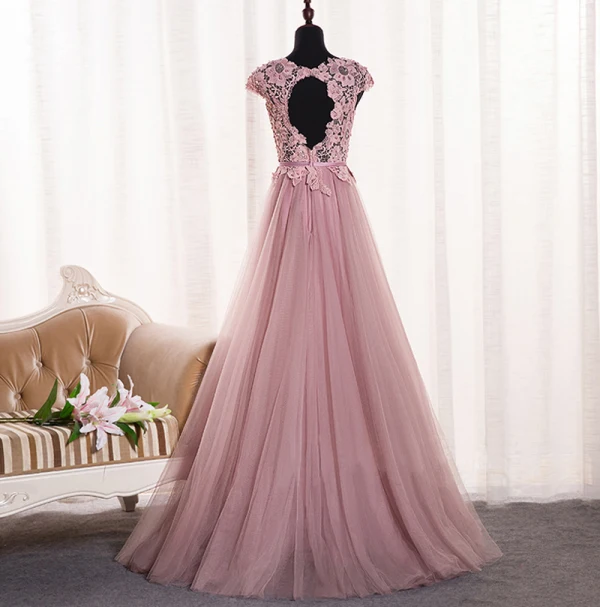 Chic / Beautiful Blushing Pink Prom Dresses 2018 A-Line / Princess Appliques Bow Pearl Scoop Neck Backless Sleeveless Floor-Length / Long Formal Dresses