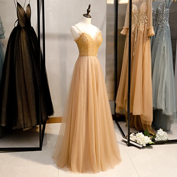 Chic / Beautiful Gold Evening Dresses 2020 A-Line / Princess Spaghetti Straps Beading Pearl Sequins Sleeveless Backless Floor-Length / Long Formal Dresses
