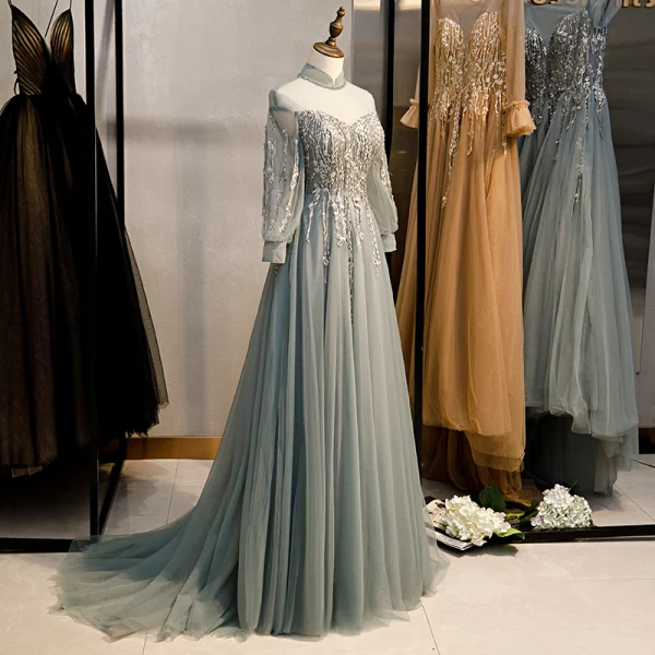 Vintage / Retro Grey Prom Dresses 2020 A-Line / Princess High Neck Beading Rhinestone Lace Flower Long Sleeve Backless Sweep Train Formal Dresses