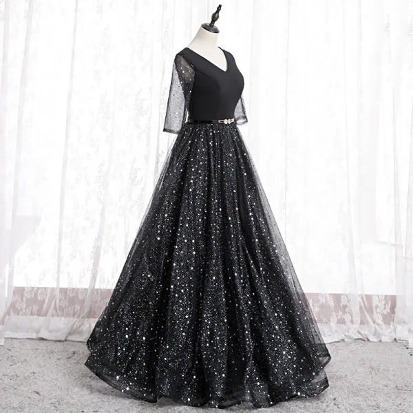 Fashion Black Prom Dresses 2020 A-Line / Princess V-Neck Star Sequins Rhinestone 3/4 Sleeve Backless Floor-Length / Long Formal Dresses