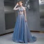 Chic / Belle Bleu Ciel Robe De Soirée 2020 Princesse Encolure Dégagée Perlage Appliques Paillettes Manches Courtes Longue Robe De Ceremonie