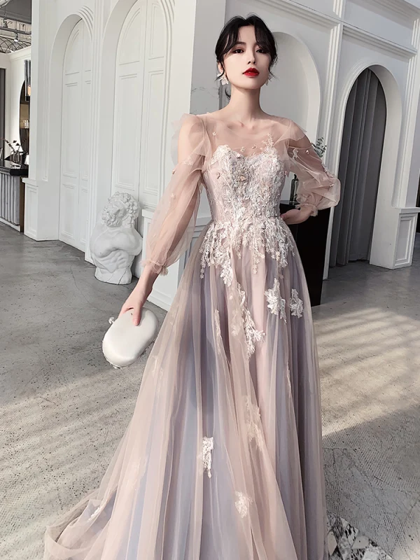 Fashion Blushing Pink Evening Dresses 2020 A-Line / Princess Scoop Neck Beading Lace Flower Long Sleeve Backless Floor-Length / Long Formal Dresses