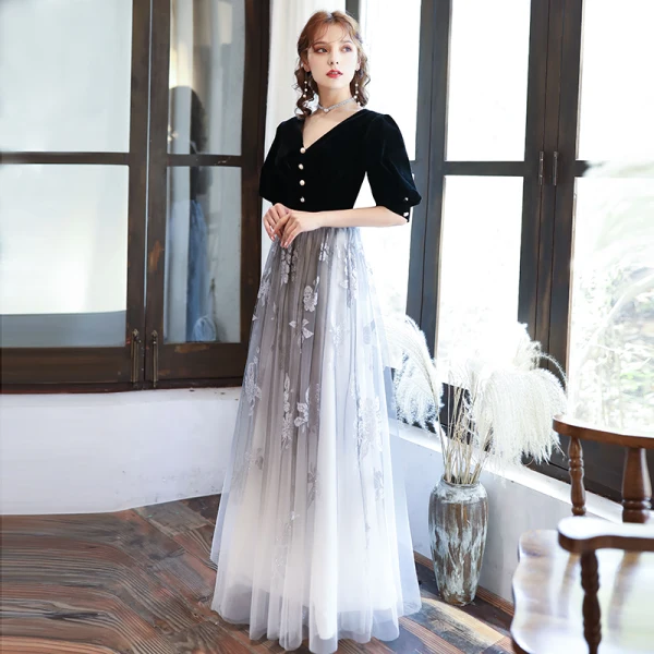 Chic / Beautiful Black Glitter Flower Evening Dresses 2020 A-Line / Princess V-Neck Floor-Length / Long Prom 1/2 Sleeves Backless Suede Formal Dresses