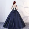 Vintage / Retro Navy Blue Quinceañera Prom Dresses 2018 Ball Gown Appliques Beading Scoop Neck Backless Sleeveless Floor-Length / Long Formal Dresses