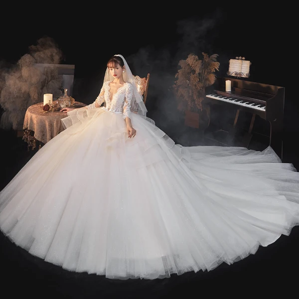 Fashion Elegant White Lace Flower Cascading Ruffles Wedding Dresses 2021 A-Line / Princess Deep V-Neck Bow 3/4 Sleeve Backless Royal Train Wedding