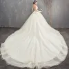 Luxury / Gorgeous Champagne Wedding Dresses 2018 Ball Gown Beading Rhinestone Spaghetti Straps Backless Sleeveless Royal Train Wedding