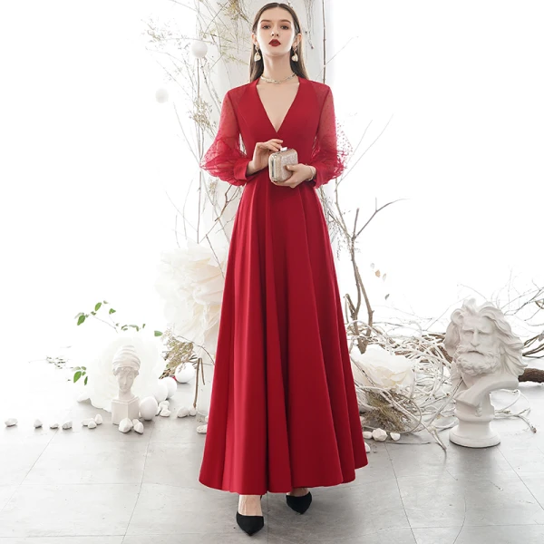 Modest / Simple Burgundy Evening Dresses 2020 A-Line / Princess Deep V-Neck Spotted Long Sleeve Floor-Length / Long Formal Dresses