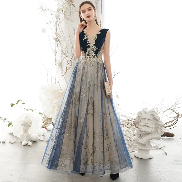 Elegant Navy Blue Prom Dresses 2020 A-Line / Princess Scoop Neck Glitter Sequins Lace Flower Sleeveless Backless Floor-Length / Long Formal Dresses