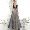 Elegant Navy Blue Prom Dresses 2020 A-Line / Princess Scoop Neck Glitter Sequins Lace Flower Sleeveless Backless Floor-Length / Long Formal Dresses