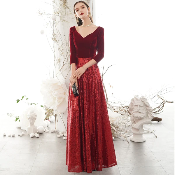 Sparkly Burgundy Winter Evening Dresses 2020 A-Line / Princess Suede V-Neck Sequins 3/4 Sleeve Backless Floor-Length / Long Formal Dresses