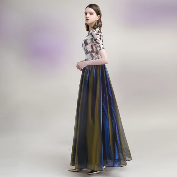 Elegante Bronze Königliches Blau Abendkleider 2020 A Linie Rundhalsausschnitt Pailletten Kurze Ärmel Lange Festliche Kleider