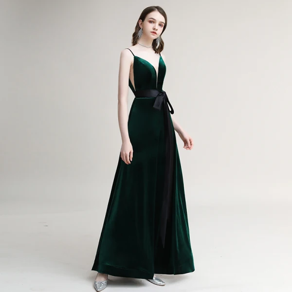 Elegant Dark Green Suede Evening Dresses  2020 A-Line / Princess Spaghetti Straps Bow Sleeveless Backless Floor-Length / Long Formal Dresses