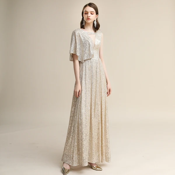 Scintillantes Champagne Paillettes Robe De Soirée 2020 Princesse V-Cou Manches Courtes Dos Nu Longue Robe De Ceremonie