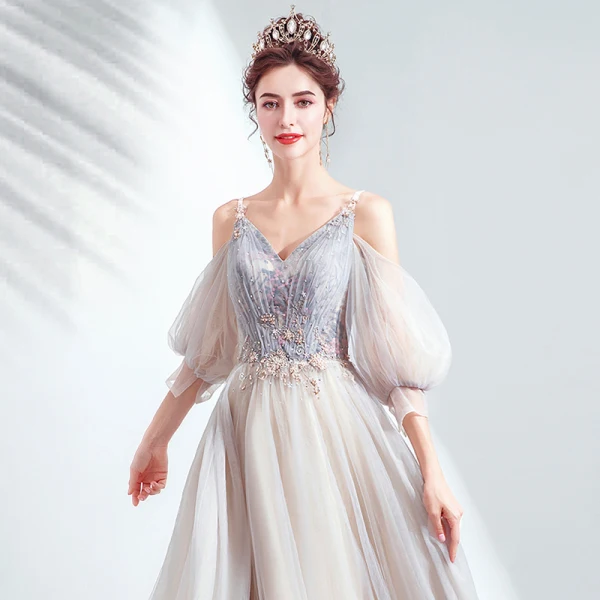Charming Grey Prom Dresses 2020 A-Line / Princess V-Neck Beading Sequins Lace Flower Short Sleeve Backless Floor-Length / Long Formal Dresses