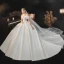 Modest / Simple Elegant Ivory Satin Wedding Dresses 2021 Ball Gown Off-The-Shoulder Bow Short Sleeve Backless Cathedral Train Wedding