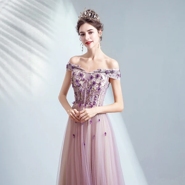 Chic / Beautiful Purple Prom Dresses 2020 A-Line / Princess Off-The-Shoulder Beading Crystal Appliques Lace Flower Sleeveless Backless Floor-Length / Long Formal Dresses