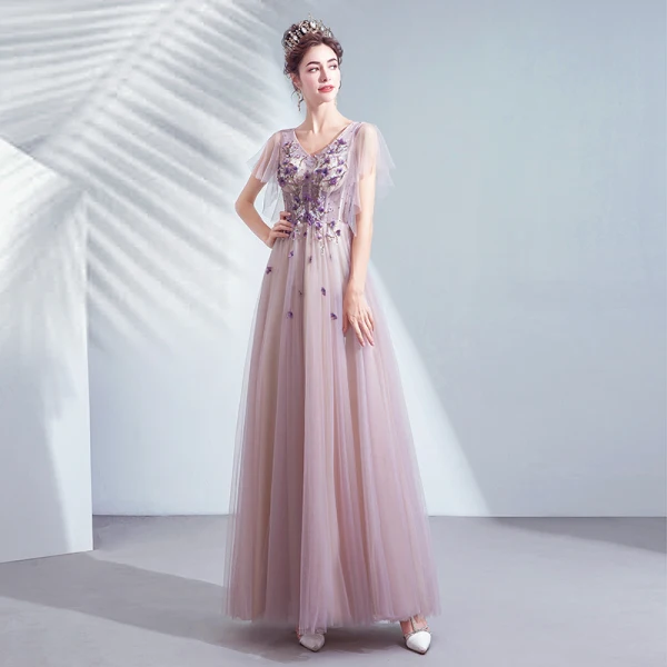 Chic / Belle Violet Robe De Bal 2020 Princesse V-Cou Appliques En Dentelle Fleur Perlage Cristal Manches Courtes Dos Nu Longue Robe De Ceremonie