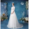 Affordable Ivory Wedding Dresses 2020 A-Line / Princess Scoop Neck Lace Flower 3/4 Sleeve Court Train