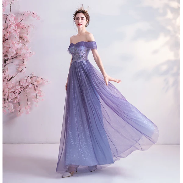 Charming Lavender Prom Dresses 2020 A-Line / Princess Glitter Tulle Off-The-Shoulder Pearl Rhinestone Lace Flower Short Sleeve Backless Floor-Length / Long Formal Dresses