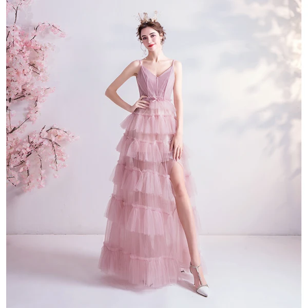 Chic / Belle Nues Robe De Soirée 2020 Princesse Bretelles Spaghetti Noeud Sans Manches Dos Nu Volants en Cascade Fendue devant Longue Robe De Ceremonie