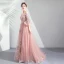 Chic Rose Bonbon Robe De Bal 2020 Princesse De l'épaule Perle Faux Diamant En Dentelle Fleur Manches de cloche Dos Nu Train De Balayage Robe De Ceremonie