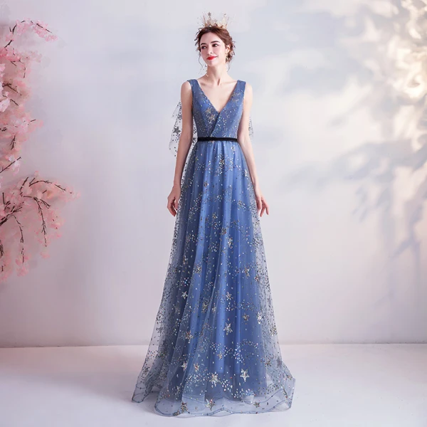 Fashion Ocean Blue Prom Dresses 2020 A-Line / Princess V-Neck Glitter Star Sequins Sleeveless Backless Floor-Length / Long Formal Dresses