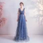 Fashion Ocean Blue Prom Dresses 2020 A-Line / Princess V-Neck Glitter Star Sequins Sleeveless Backless Floor-Length / Long Formal Dresses