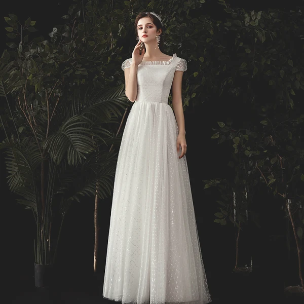Simple Ivoire Tachetée Robe De Mariée 2020 Princesse Encolure Carrée Mancherons Dos Nu Longue