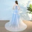 Elegant Sky Blue Evening Dresses  2018 A-Line / Princess Appliques Pearl Rhinestone Off-The-Shoulder With Shawl Backless Short Sleeve Court Train Formal Dresses
