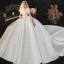 Elegant Enkel Satin Elfenben Sløyfe Brudekjoler 2021 Ballkjole V-Hals Korte Ermer Ryggløse Royal Train Bryllup