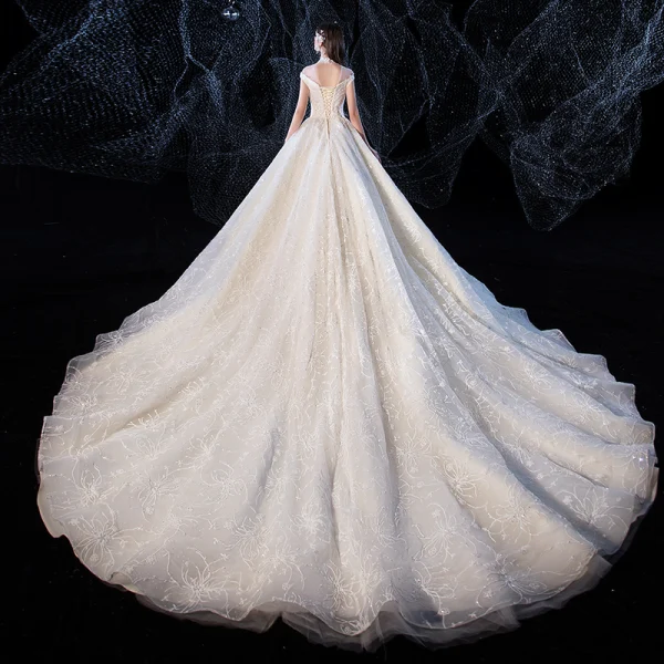 Charming Champagne Wedding Dresses 2020 Ball Gown High Neck Beading Lace Flower Cap Sleeves Backless Cathedral Train